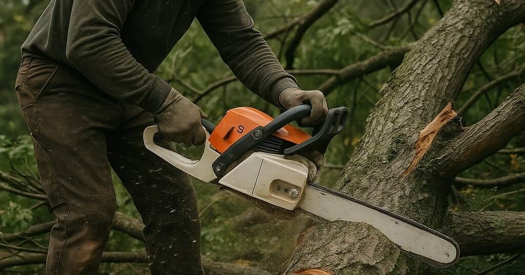 Arborist performing emergency tree removal with chainsaw in a residential area in Currituck, NC.
