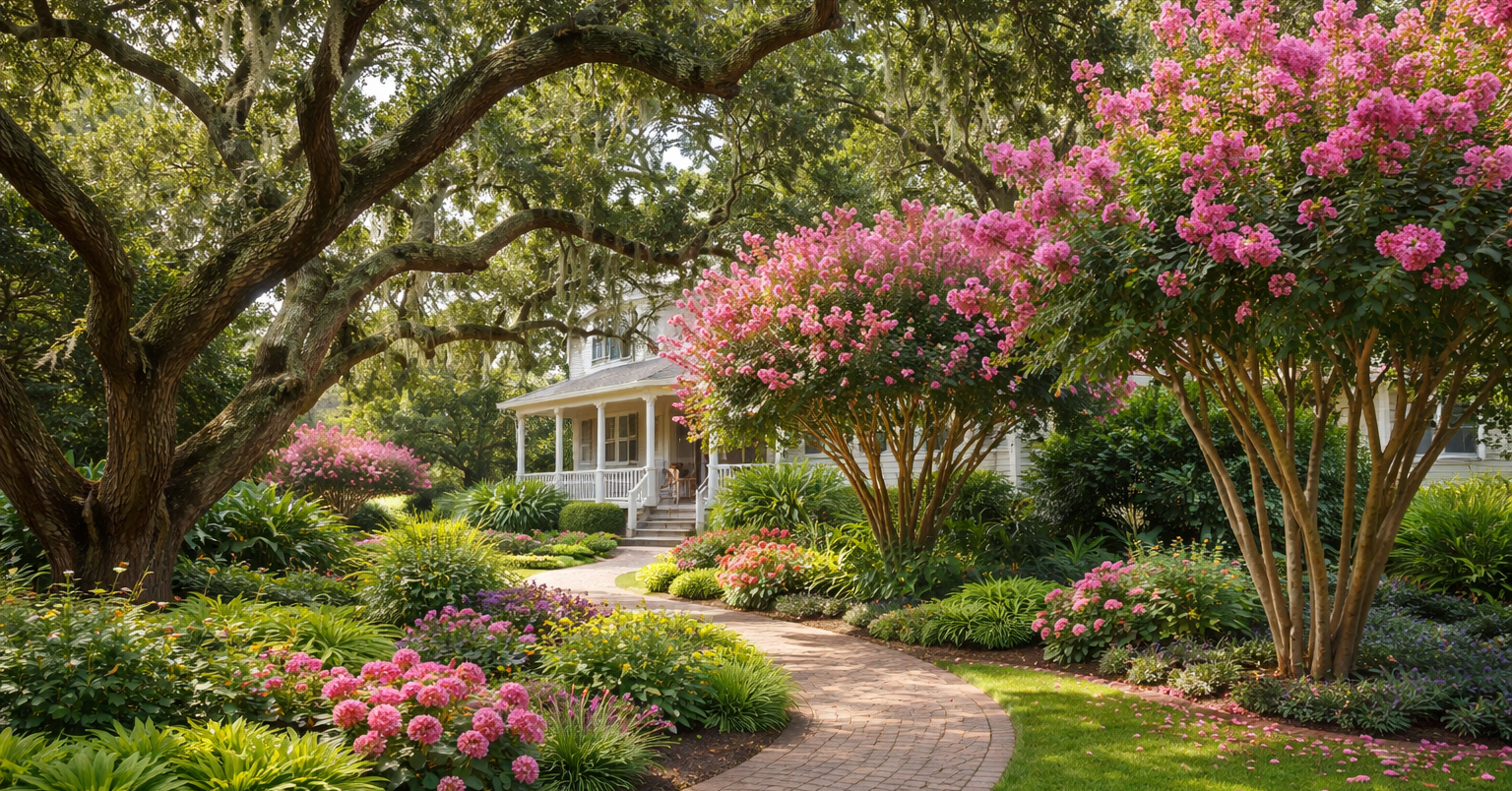A lush residential garden in the Outer Banks featuring Live Oaks and Crepe Myrtles.