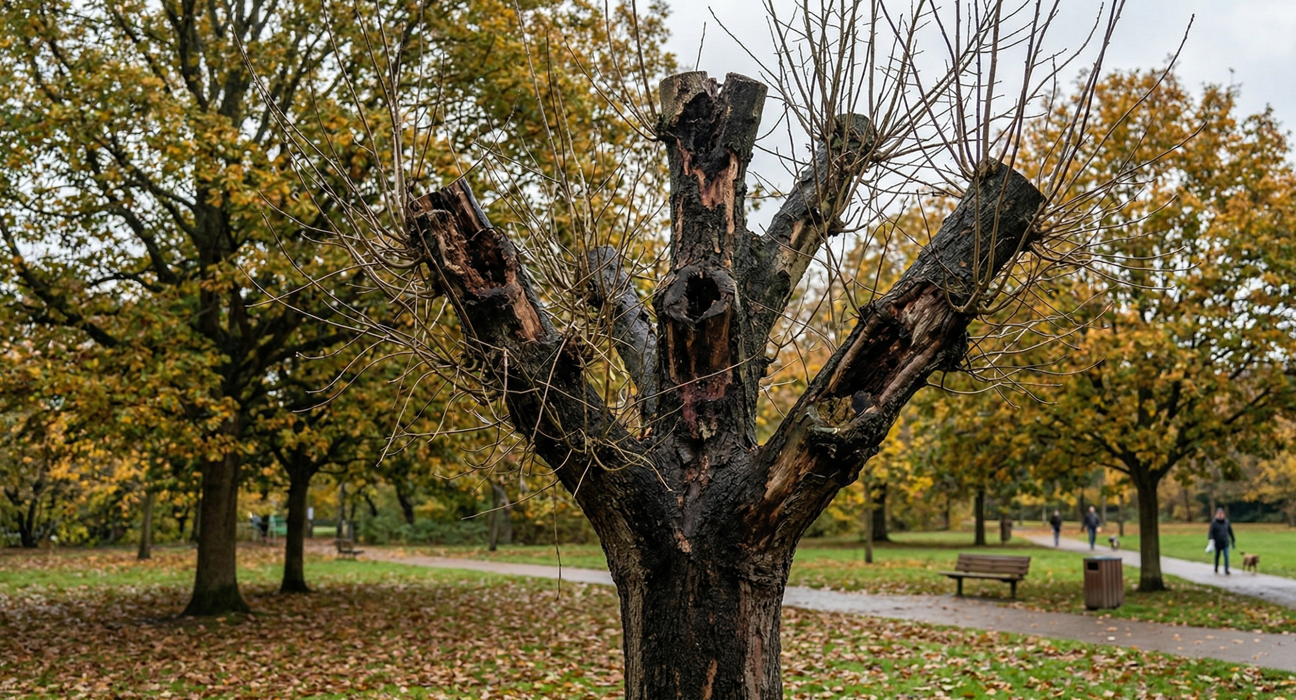 An improperly topped tree showing weak regrowth and decay damage