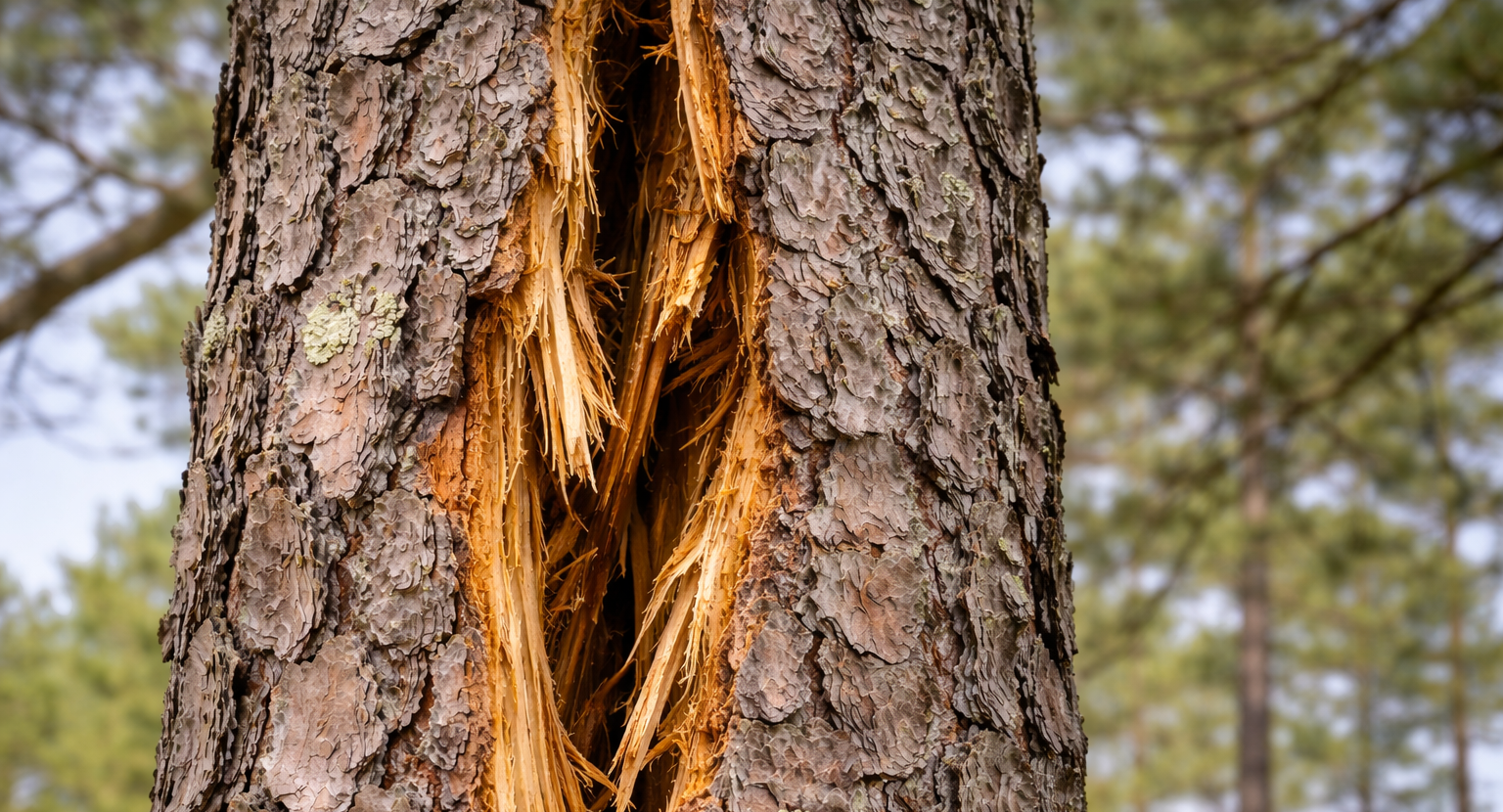 Close-up of a cracked pine trunk showing structural failure.