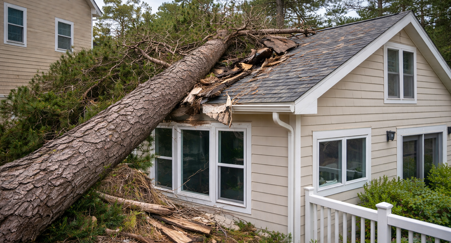A fallen tree from the neighboring yard is damaging the house roof, Outer Banks, NC.