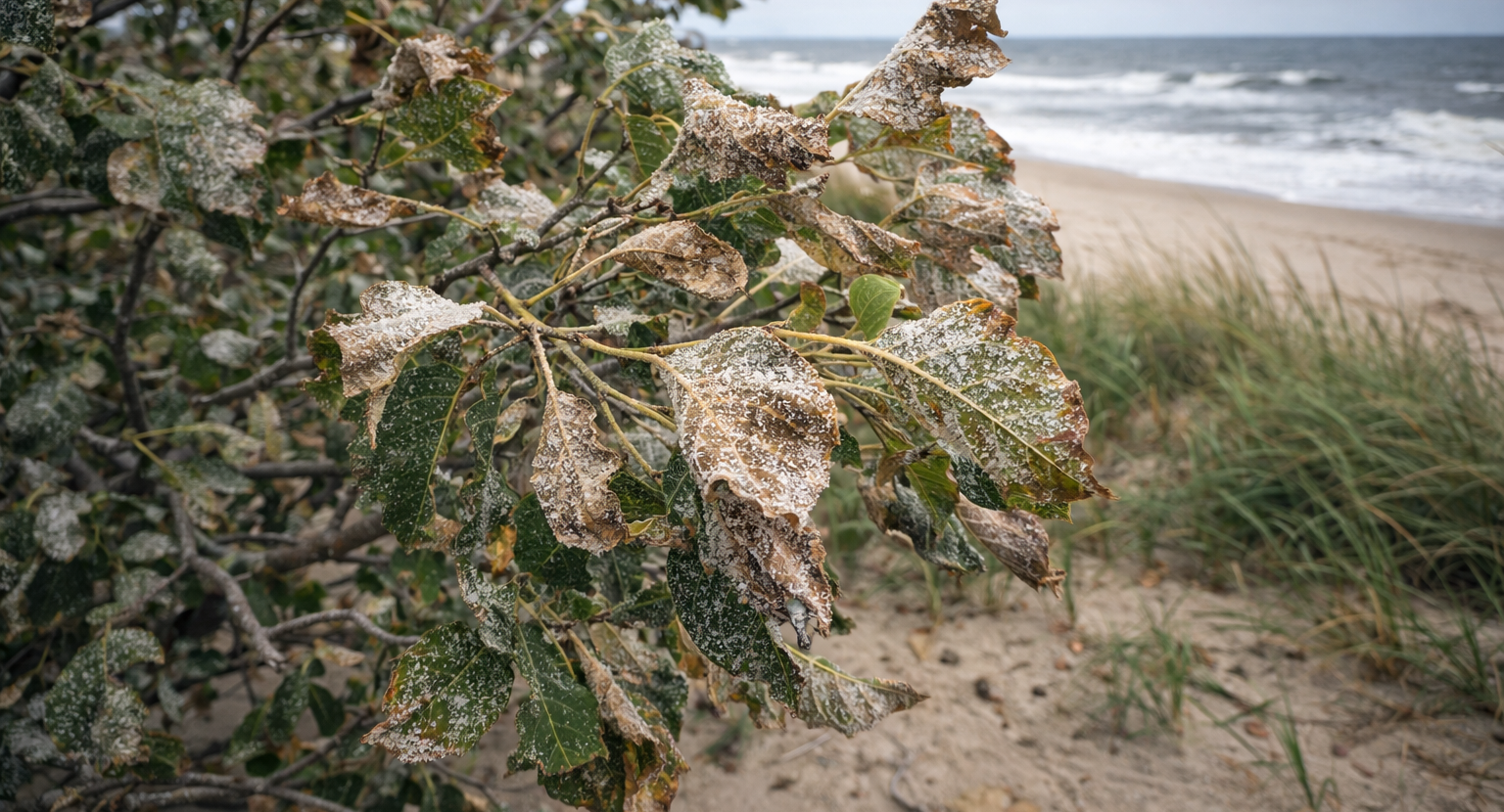 Salt spray damage on coastal tree leaves, Outer Banks, North Carolina
