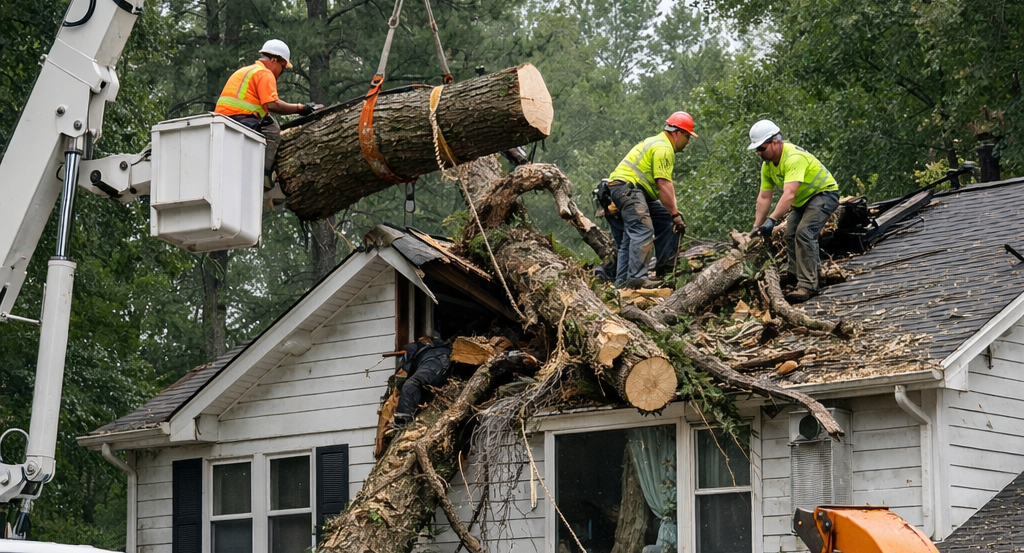Emergency tree removal crew removing storm-damaged tree from house in North Carolina