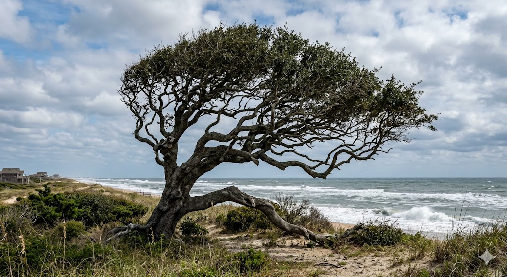 Mature Live Oak tree with wind-swept branches in Kitty Hawk, NC.
