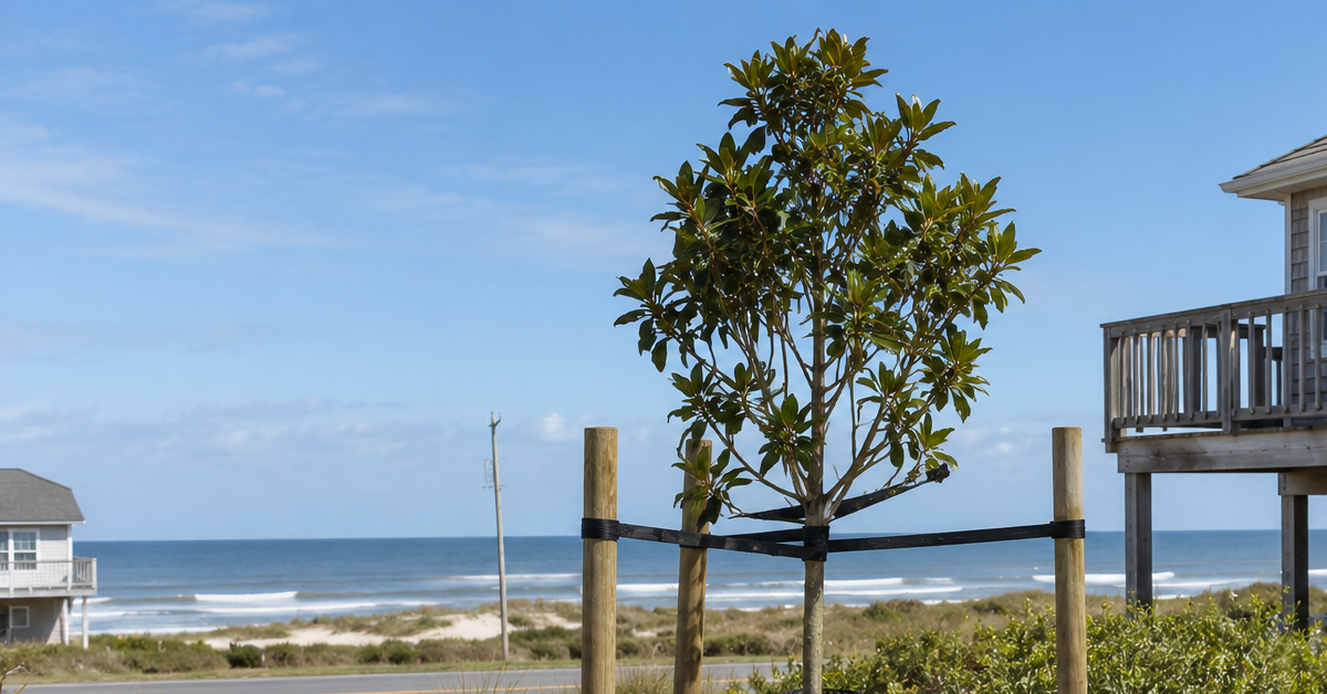 Newly planted salt-tolerant tree on an Outer Banks property secured for coastal wind protection in sandy soil'