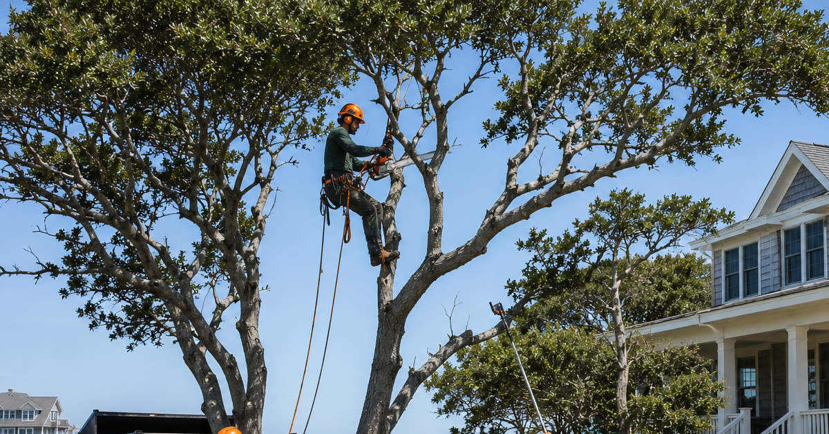 Professional tree care crew trimming mature coastal trees near a Kill Devil Hills home to improve safety and curb appeal