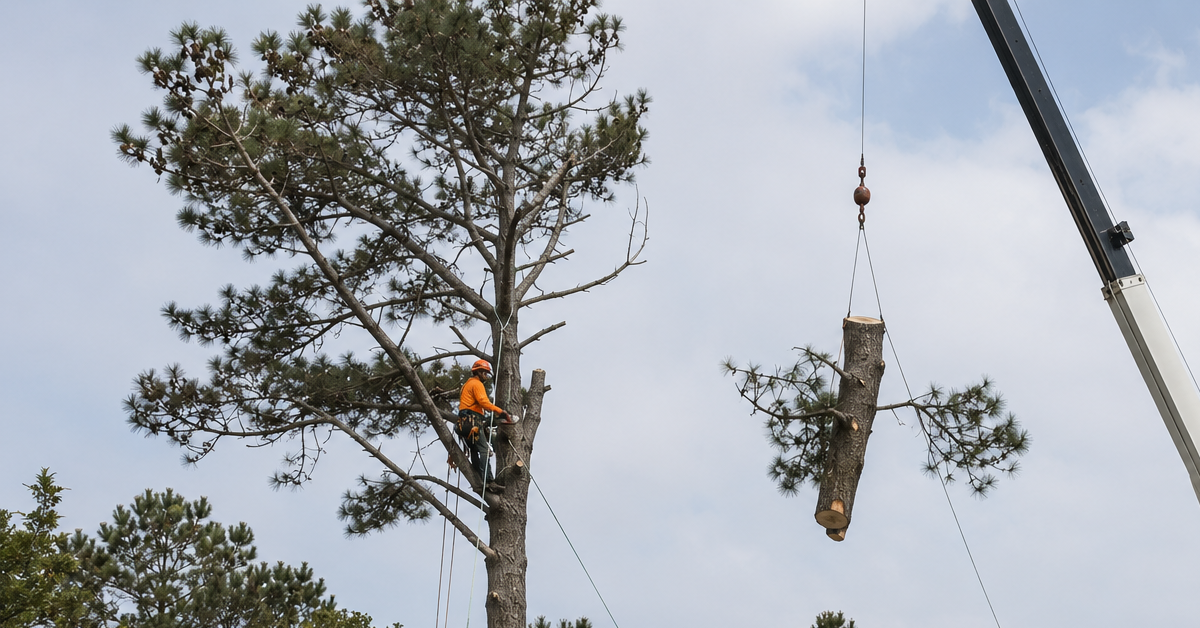 Professional tree crew removing a large pine tree near a Kitty Hawk home using crane lifting and controlled rigging methods