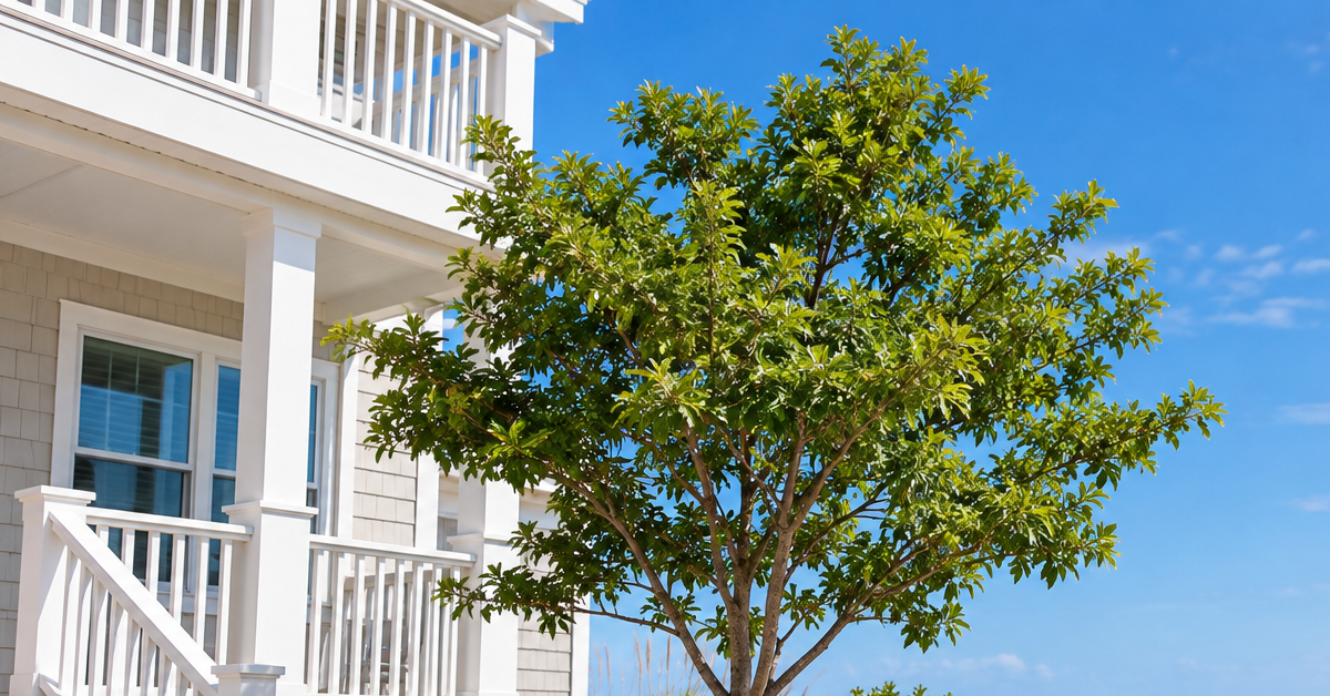 Coastal tree planted beside an Outer Banks vacation rental